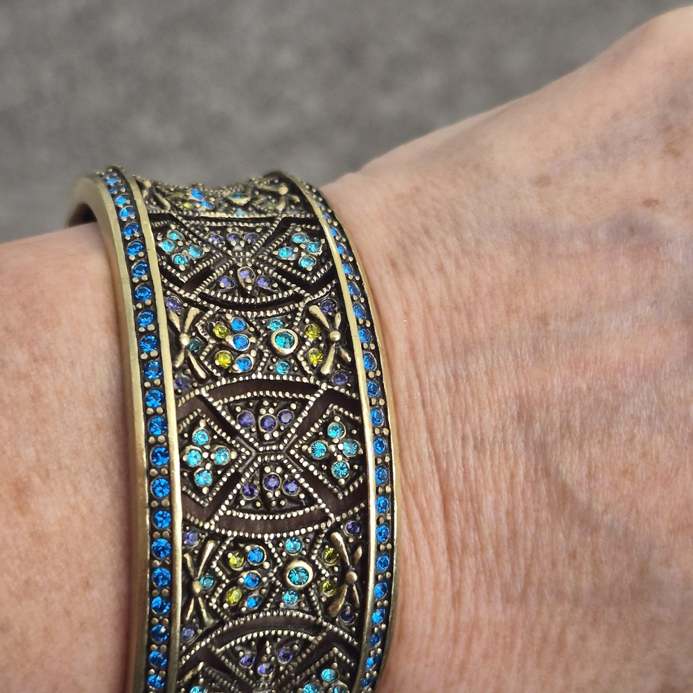 Heidi Daus "Byzantine Beauty" Antique Gold Bracelet with Blue, Green, Purple .